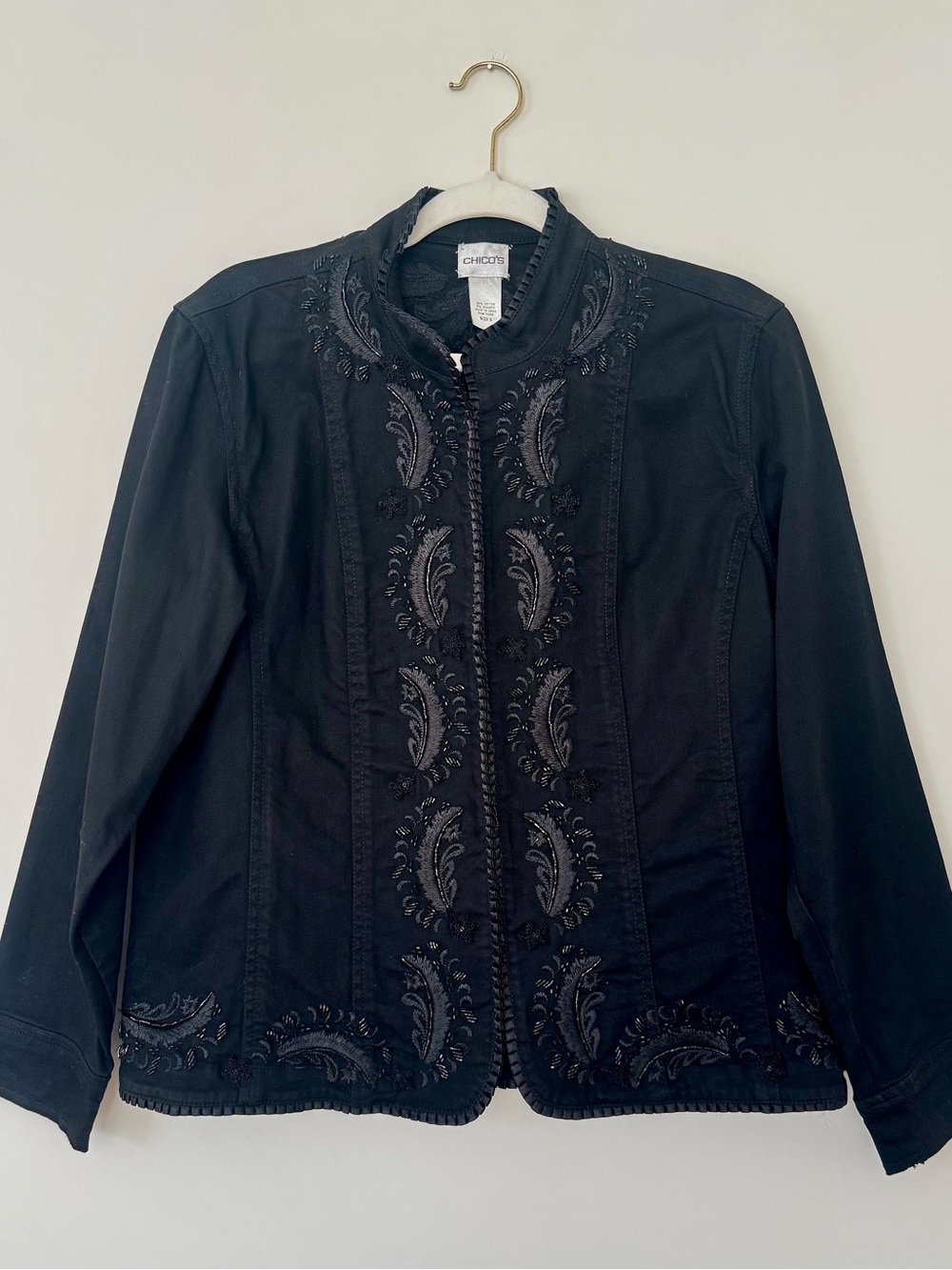 Chico’s Y2K Embroidered Beaded Embroidered Cotton Military Jacket, Black – 2